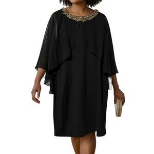 NWT XSCAPE Studded Party Dress 14W Black 3/4 Sleeve Sheer Overlay Knee-Length